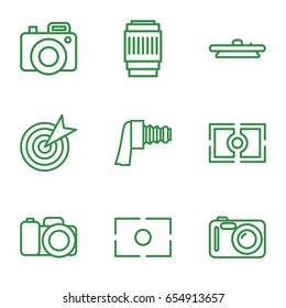 Objective icons set. set of 9 objective outline icons such as camera, camera zoom