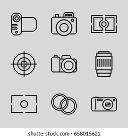 Objective icons set. set of 9 objective outline icons such as camera, camera lense, camera focus