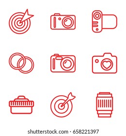 Objective icons set. set of 9 objective outline icons such as heart with camera, camera, camera lense