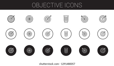 objective icons set. Collection of objective with target, darts, camera lens. Editable and scalable objective icons.