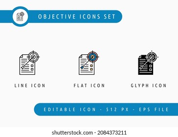 Objective icons set editable stroke vector illustration. Business goal plan symbol. Icon line style on isolated background for ui mobile app, web design, and presentation.