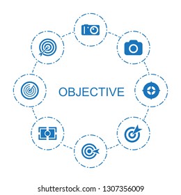 objective icons. Trendy 8 objective icons. Contain icons such as camera, target, camera focus. objective icon for web and mobile.