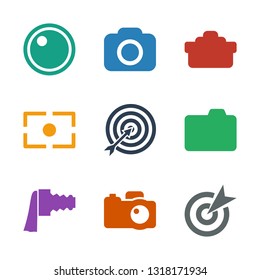 objective icons. Trendy 9 objective icons. Contain icons such as target, camera, camera zoom, heart with camera, focus, lensecamera lense. objective icon for web and mobile.