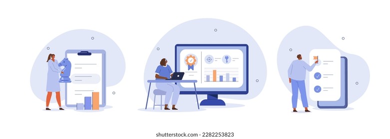 Objective key results illustration set. Characters setting goals, objectives and planning strategy to successfully accomplish project task achievement. Business concept. Vector illustration.