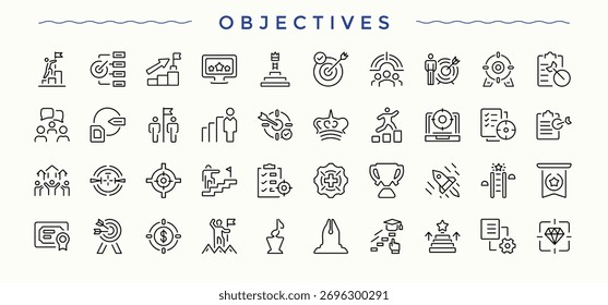 Coleção de ícones lineares de objetivo. Pacote de ícones da Web. Incluídos tarefa, análise, alcance, colaboração, recursos, meta. Ilustração vetorial editável. Ícone Recursos.
