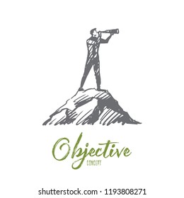 Objective, Target, Strategy, Future, Success Concept. Hand Drawn Man Looking Forward With Spyglass Concept Sketch. Isolated Vector Illustration.