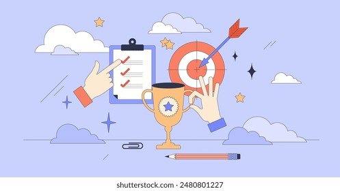 Objective and target successful achievements tiny person neubrutalism concept. Strategy for goal success and precise results vector illustration. Business or personal work performance perfection.