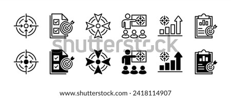 Objective thin line icon set. Containing strategy, analysis, planning, aim target, schedule, tasks, and goal icon symbol. Vector illustration