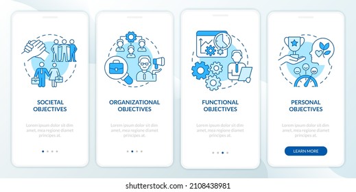 Objectives of hr management blue onboarding mobile app screen. Walkthrough 4 steps graphic instructions pages with linear concepts. UI, UX, GUI template. Myriad Pro-Bold, Regular fonts used