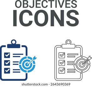 Objectives icons, Line art icons, Containing manager, teamwork, strategy, marketing, business, planning, training, and employee icons. Solid icons vector collection.