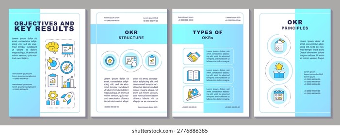 Objectives and key results brochure layout. Strategy planning, corporate partnership. Leaflet advertising design with color line icons. Editable 4 pages