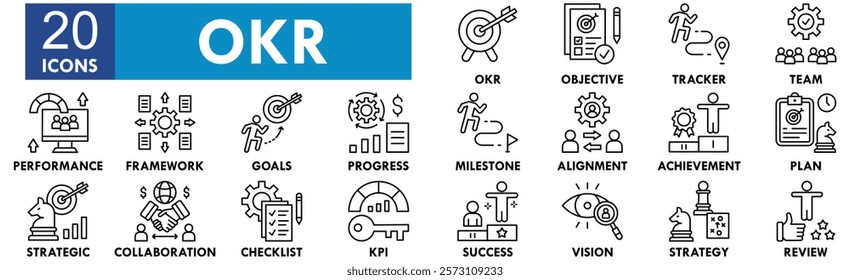 Objectives and Key Results icon collection set. Containing design objective, business, key, evaluation, plan, strategy