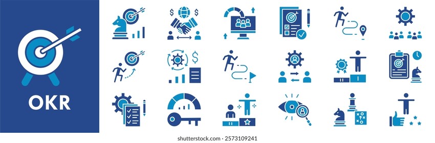 Objectives and Key Results icon collection set. Containing design objective, business, key, evaluation, plan, strategy
