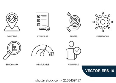 Objectives and key results icons set . Objectives and key results pack symbol vector elements for infographic web