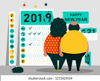 The Objectives, Plan And Goals For The Years 2019 - 2020 (21). Calendar Of Useful And Bad Habits And Addictions. Funny Fat Characters. Happy New Year. Vector Illustration.