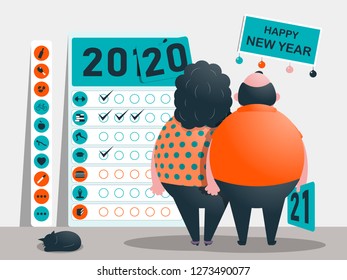 The objectives, plan and goals for the years 2020 - 2021. Calendar of useful and bad habits and addictions. Funny fat characters. Happy New Year. Vector illustration.