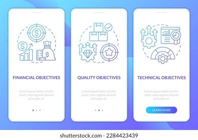 Objectives in project management blue gradient onboarding mobile app screen. Walkthrough 3 steps graphic instructions with linear concepts. UI, UX, GUI template. Myriad Pro-Bold, Regular fonts used