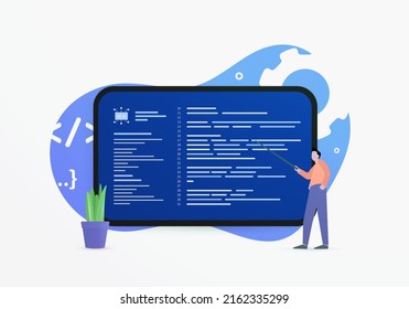 Object-oriented programming (OOP) and functional programming languages webinar concept. Machine code on the desktop display screen. Learning to create software programs and how to code applications