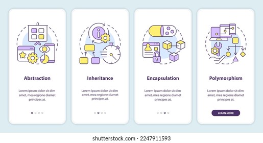 Principios de programación orientados a objetos a bordo de la pantalla de aplicaciones móviles. Recorrido 4 pasos instrucciones gráficas editables con conceptos lineales. UI, UX, plantilla GUI. Multitud de tipos de letra Pro-Bold, con uso regular