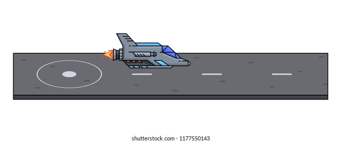 Objects of 2d platformer, game interface, 8-bit pixel arcade game. Game spacecraft, an airplane, starting of level from road the runway. Vector illustration isolated.