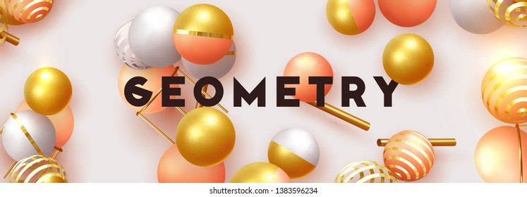 Objects 3d shape gold and silver ball, volumetric round spheres white and pink. Abstract minimal background. Vector realistic geometric elements. Horizontal banner, web poster, layout header,  flyer