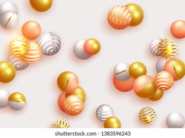 Objects 3d shape gold and silver ball, volumetric round spheres white and pink. Abstract minimal background. Vector realistic geometric elements