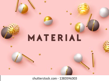Objects 3d shape gold and silver ball, volumetric round spheres white and black. Abstract minimal background. Vector realistic geometric elements