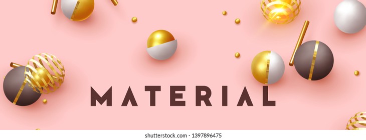 Objects 3d shape gold and silver ball, volumetric round spheres white and pink. Abstract minimal background. Vector realistic geometric elements