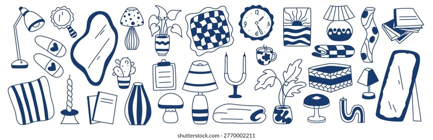 Objects and accessories for cozy home interior. Set of hand-drawn blue living room items. Books, vase, floor lamp, textiles, painting, clock, cup, houseplants and more. Vector elements