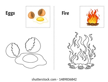 Objects Alphabet Coloring Book for Preschool Kids with Stickers. Colorful and Colorless Versions of Eggs and Fire  on A4 Paper. Ready for Print. Kids Activity Educational Printable. Alphabet Book