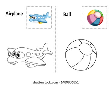 Objects Alphabet Coloring Book for Preschool Kids with Stickers. Colorful and Colorless Versions of Airplane and Ball  on A4 Paper. Ready for Print. Kids Activity Educational Printable. Alphabet Book