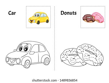 Objects Alphabet Coloring Book for Preschool Kids with Stickers. Colorful and Colorless Versions of Car and Donuts  on A4 Paper. Ready for Print. Kids Activity Educational Printable. Alphabet Book