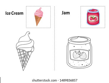 Libro para colorear del alfabeto de los Objetos para los niños preescolares con pegatinas. Versiones coloridas e incoloras de IceCream y Jam en papel A4. Listo para impresión. Imprimible educativo de la actividad de los niños. Libro del alfabeto