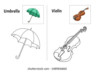 Objects Alphabet Coloring Book for Preschool Kids with Stickers. Colorful and Colorless Versions of Umbrella and Violin A4 Paper. Ready for Print. Kids Activity Educational Printable. Alphabet Book