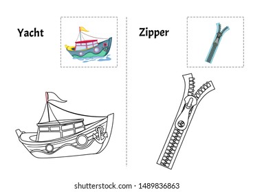 Objects Alphabet Coloring Book for Preschool Kids with Stickers. Colorful and Colorless Versions of Yacht and Zipper  on A4 Paper. Ready for Print. Kids Activity Educational Printable. Alphabet Book