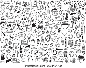 Objects and animal doodles - black and white 