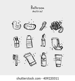 Objects in the bathroom. Set of icons in a sketch style. Vector illustration drawn by hand.