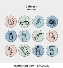 Objects for the bathroom. Set of icons in a sketch style. Vector illustration, drawn by hand.