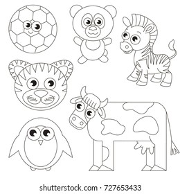 Objects to be Black and White colored elements set, collection of coloring book template, the group of outline digital elements vector illustration, kid educational game page.