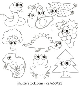 Objects to be Green colored elements set, collection of coloring book template, the group of outline digital elements vector illustration, kid educational game page.
