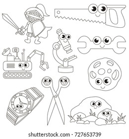 Objects to be Grey colored elements set, collection of coloring book template, the group of outline digital elements vector illustration, kid educational game page.