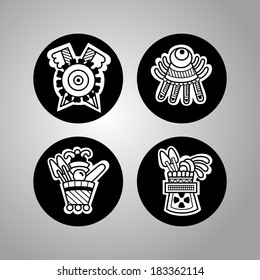 Objects. Black and white graphic image of the Maya. Maya designs. Maya design elements.
