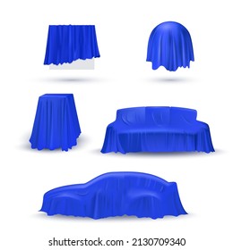 Objects in blue cloth drapery set. Silk fabric covering gifts for surprise reveal vector illustration. Hidden car, sofa, table, circle under veil. Mysterious presentation event.