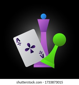 objects for board games clubs Ace chess Queen and pawn against a dark background concept of hobby and sport