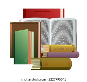 Objects books. Still life. Great collection for reading. Library or bookstore. Isolated on white background. Vector