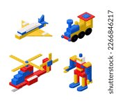 Objects built from plastic blocks, a helicopter, an airplane, a locomotive and a robot. Vector clipart