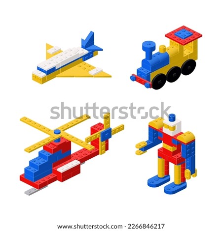 Objects built from plastic blocks, a helicopter, an airplane, a locomotive and a robot. Vector clipart