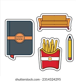 objects cartoon vector clip art set, pencil, french fries, diary book, couch