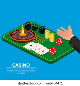 Objects of casino on a green table in an isometry.The hand throwing dice.Elements for design.3D style.Vector illustration. Flat design.
