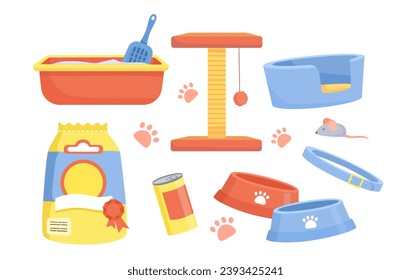 Objects for cat set. Scratching post and toilet, package with food for kittens, collar. Red and blue bowl. Pet shop goods. Cartoon flat vector collection isolated on white background